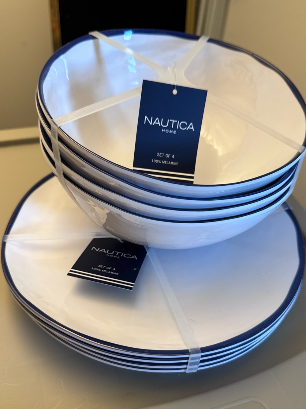 Nautica White Dinnerware Set with Navy Rim - Melamine Plates and Bowls